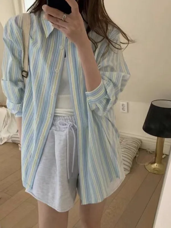 

Fre Stripe Women's Summer Long Sve irt Loose Fit Single Button Cardigan Korean Sle Lazy Faion Commute Wind irt