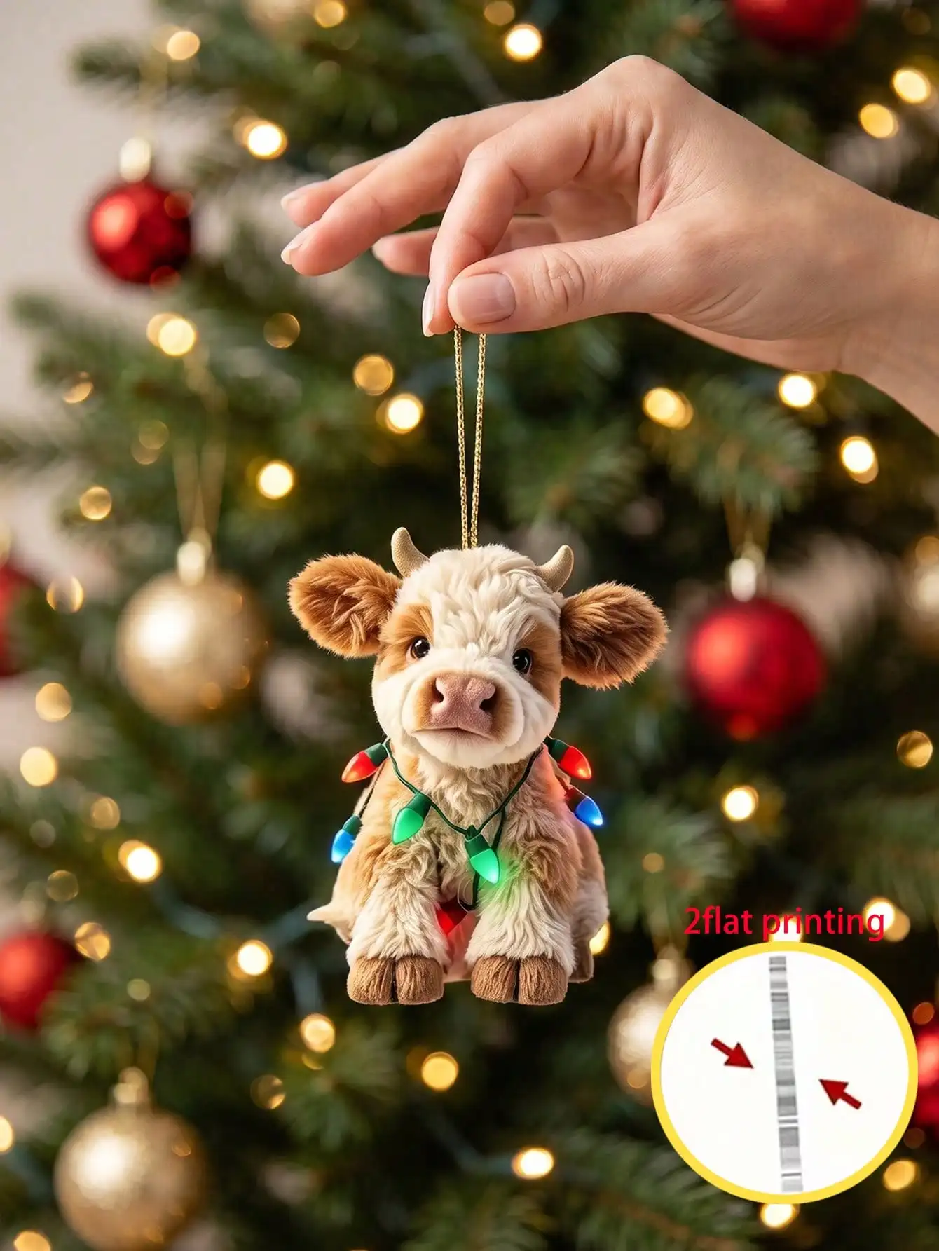10PCS Plush Cow Christmas Ornaments Cute Calf With String Lights Xmas Tree Pendant Fluffy Animal Hanging Decoration Holiday Gift