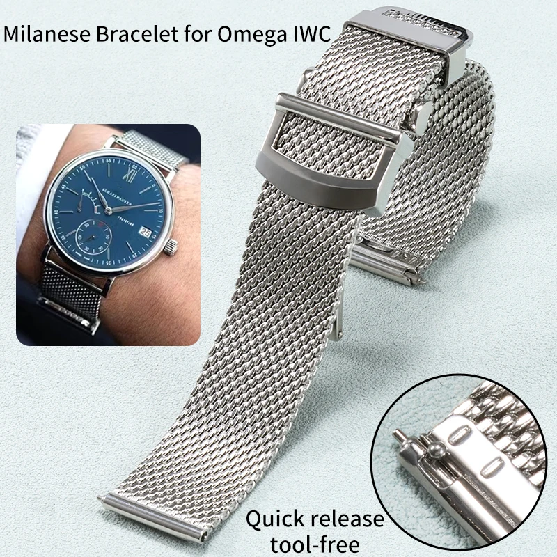 

20 сетчатый миланский браслет 22 мм для IWC Pilot, ремешок для часов из нержавеющей стали для Omega Seamaster 007 со складной пряжкой быстрого приготовления