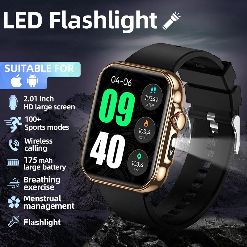 

LIGE 2025 Outdoor 2.01” HD Smart Watch Men Voice Assistant Wireless Call Women Men Watches Waterproof LED Flashlight Smartwatch