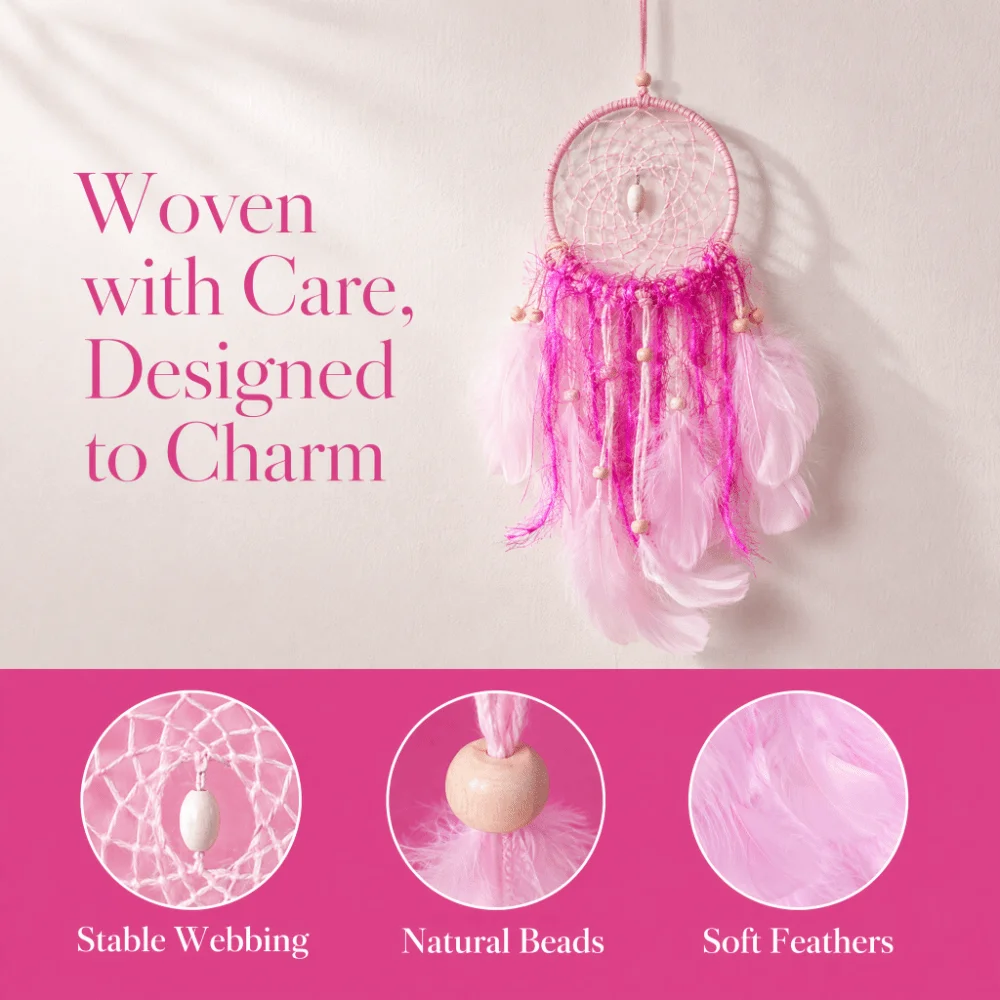 Pink Feathers Dreamcatcher Pendant Handmade Craft 4.33x13.78in Feather Dreamcatcher Hanging Design Dreamcatcher Decoration