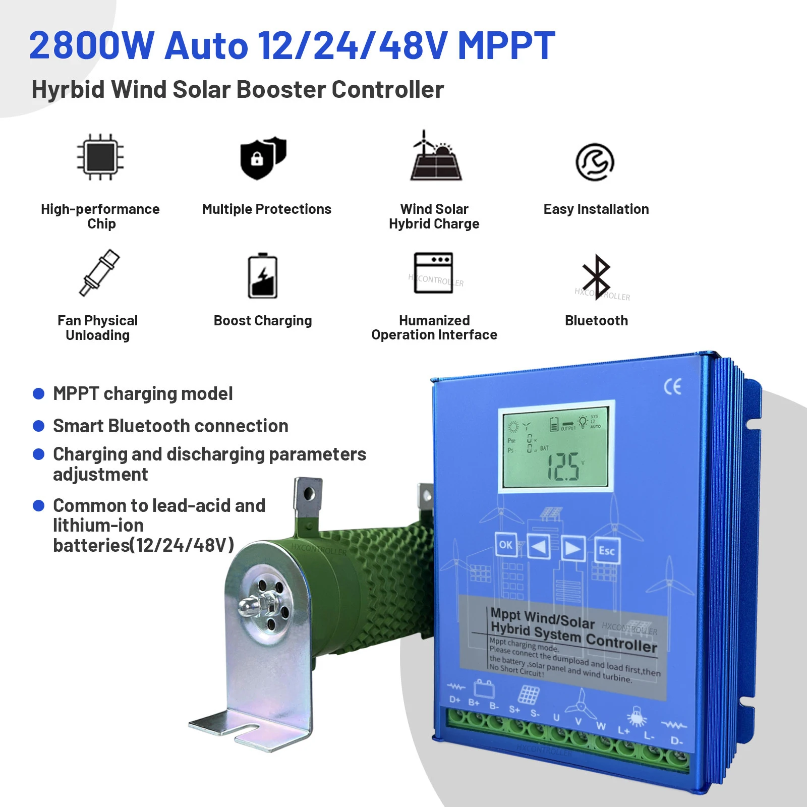 Imagem -03 - Controlador de Carga de Energia Solar Eólica Híbrida Bluetooth Embutido Bateria Lifepo4 Gel de Lítio 2000w 2800w 12v 24v 48v