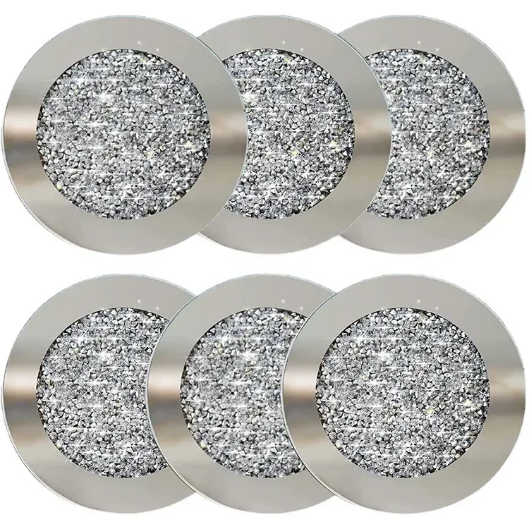 6Pcs Glass Mirrored Coasters Set Round Crushed Diamond Coaster 4 Inch Crystal Cup Mat for Kitchen Dining Table Home Coffee