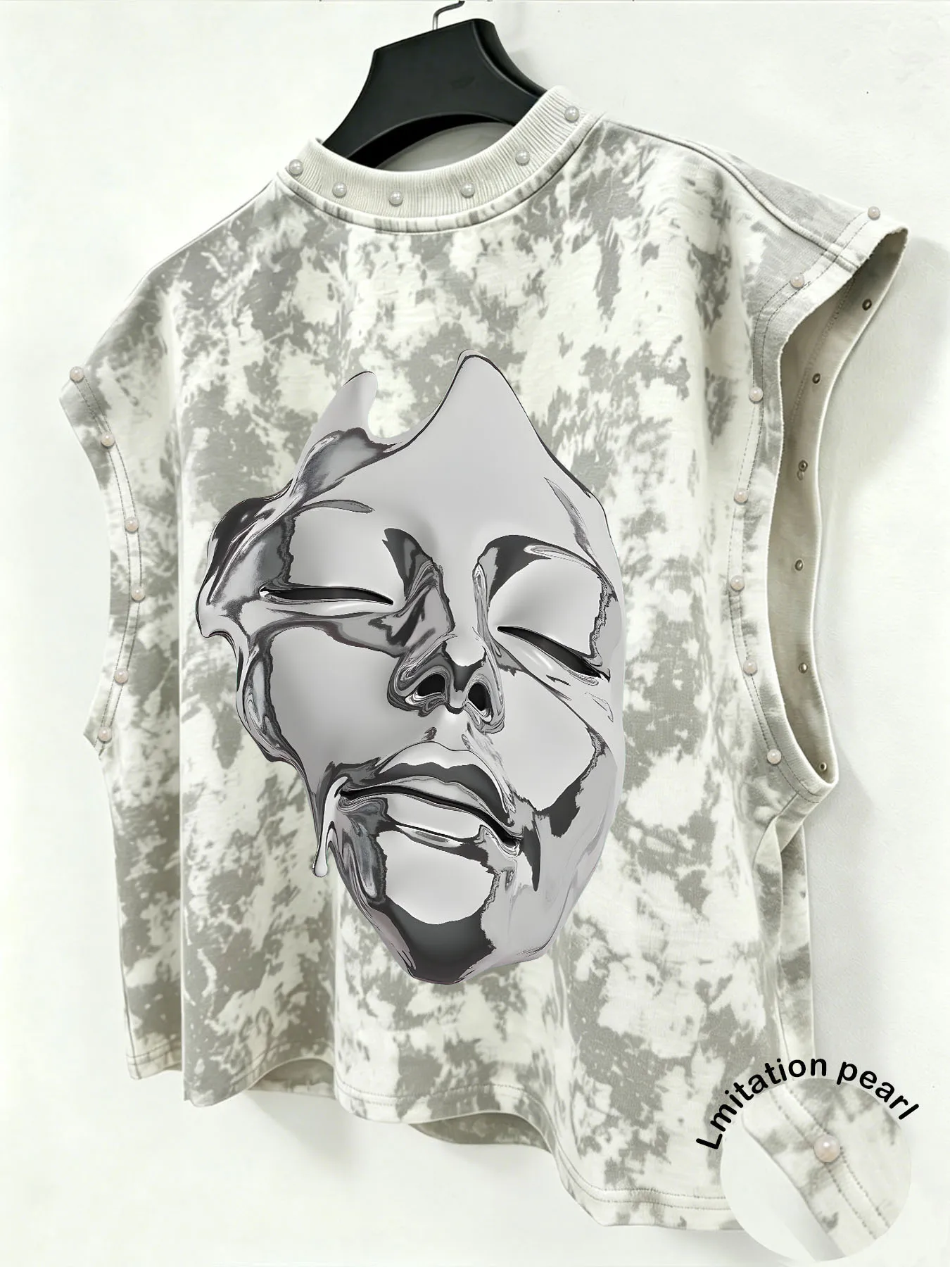 A Unisex, Retro-Style Tank Top Featuring A Metallic-Effect Face Print and Faux-Pearl Accents—Perfect for Music Festivals.