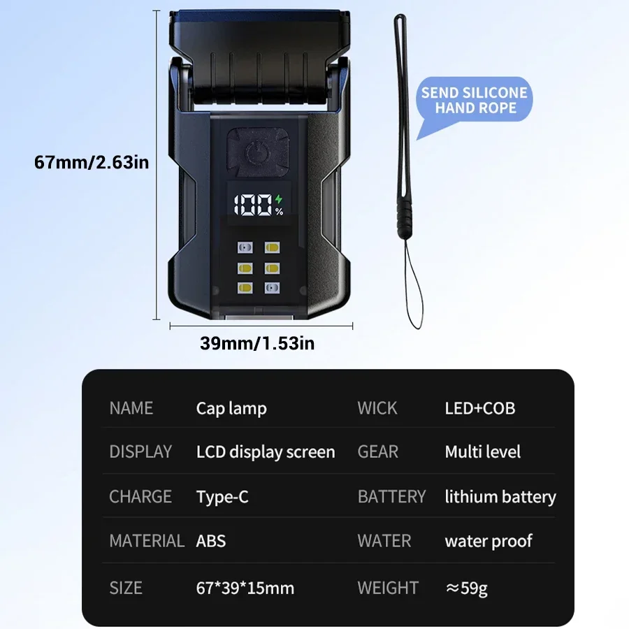 LONGRIVER YSD-06 Portable LED Flashlight with Power Display, Mini Keychain Light Cap Clip Headlight, Main Light  Adjustable 90°