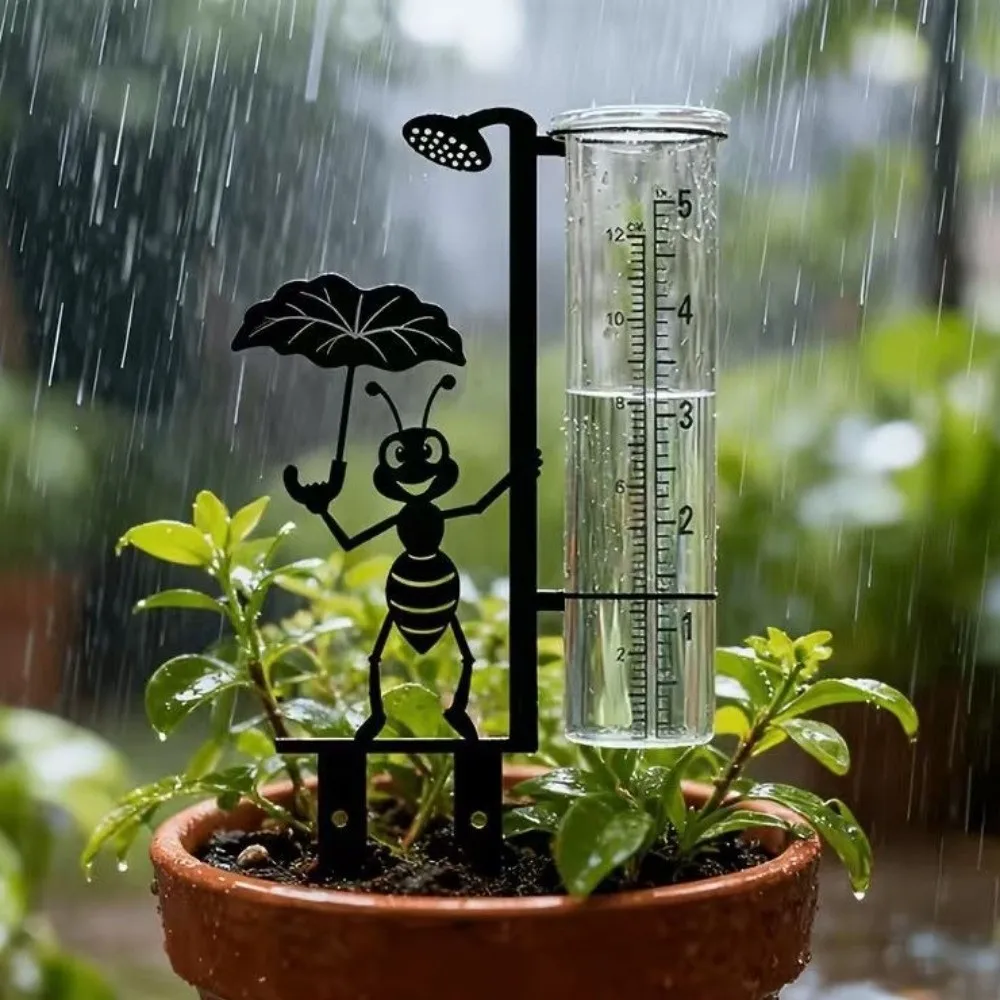Iron Art Metal Ant Rain Gauge Stake Removable Rustproof Outdoor Glass Tube Rain Gauge Lotus Leaf Ant Shaped Weatherproof