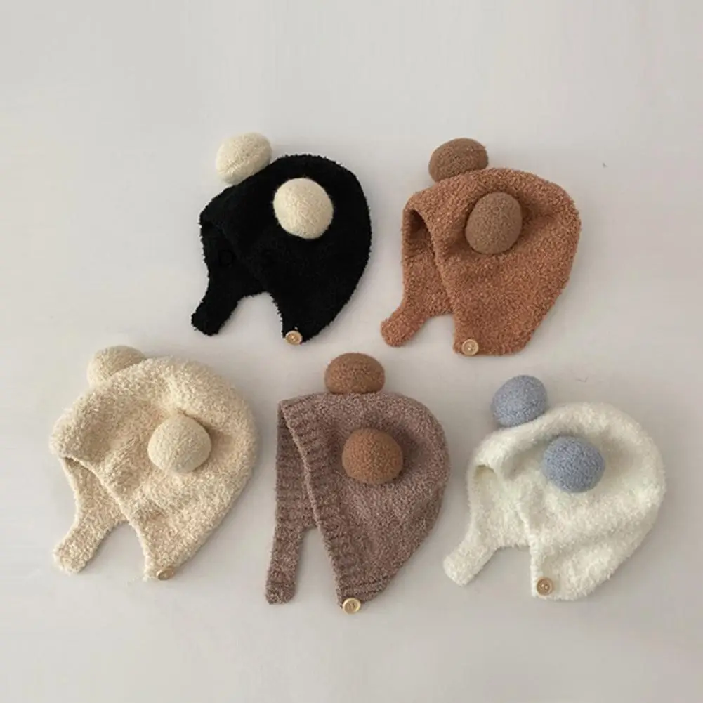 

Children Hat with Bear Ear Design Solid Color Button Closure Elastic Breathable Winter Cap Cold Weather Accessory Baby Hat 2025