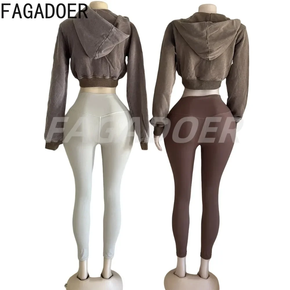 FAGADOER Quality Trendy 2 Piece Sets Women Outfit Zip Pocket Hoodie Crop Jacket and Elasticity Leggings Pants Suits Streetwear