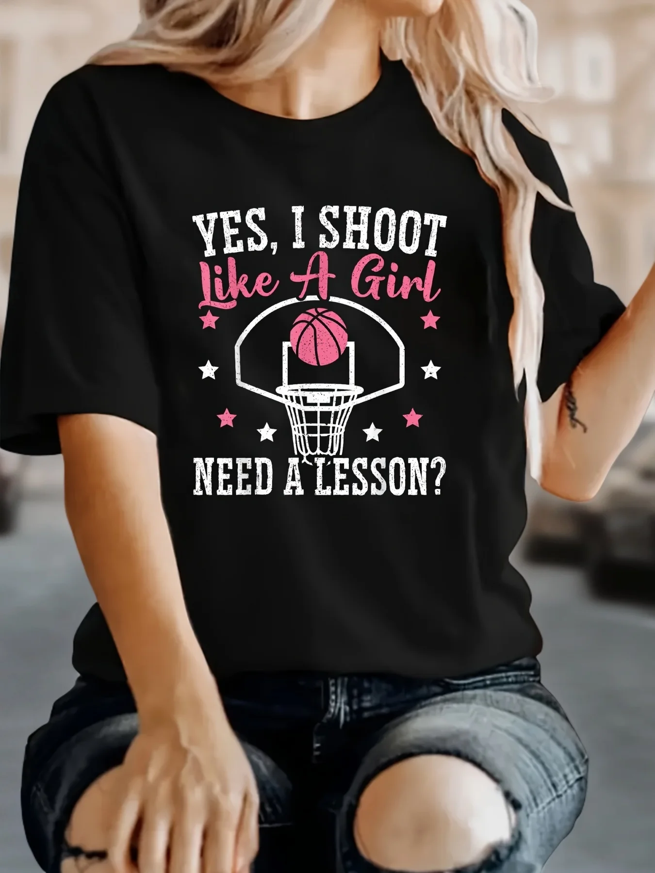 Women Short Sleeve Basketball T Shirt Funny Sarcastic Quote Yes I Shoot Like I Need A Lesson Tee for Everyday Wear