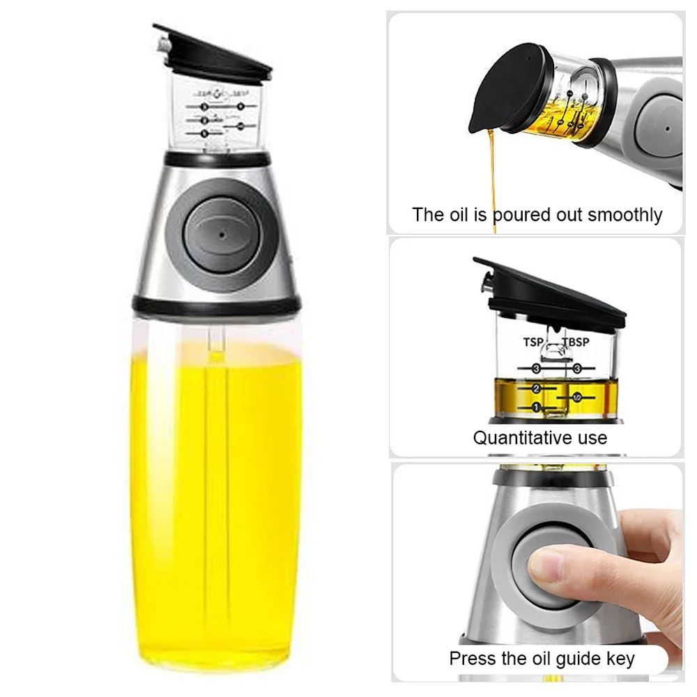 2PCS Push Type Oil Control Bottle Premium Transparent Glass Oil Vinegar Dispenser Kitchen Large Mouth Oil Pour Kettle 250/500ML