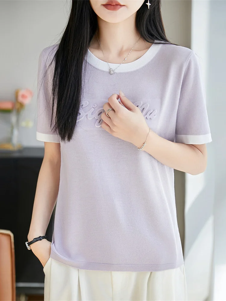 

Summer Purple Short Sleeve T-Shirt Women's Ice Silk Knitted Half Sleeve Casual round Neck Loose Versatile Youthful Top Letter...