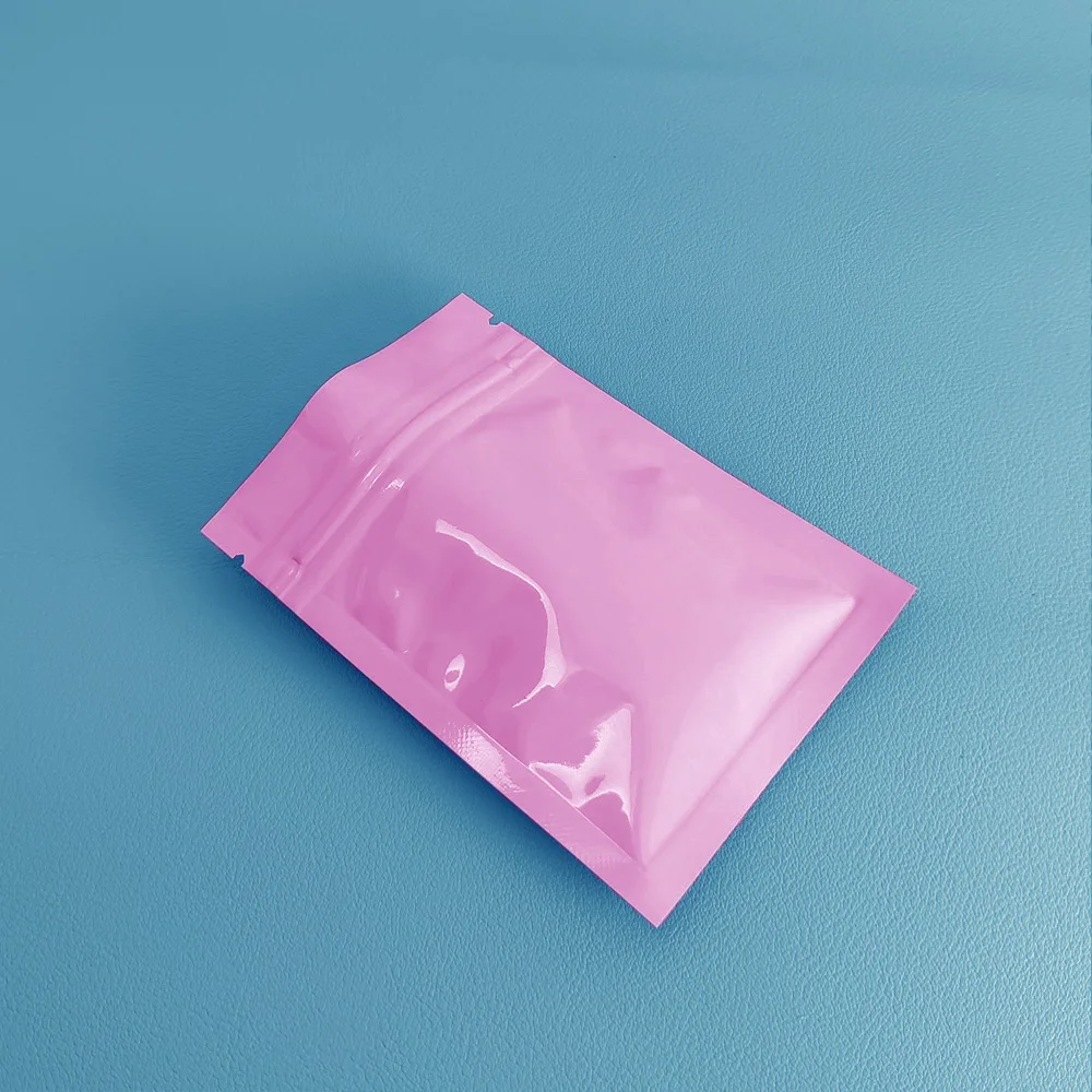 Pink Colored Glossy Reclosable Zip Lock Aluminum Zipper Package Bag Flat Self Sealing Ziplock Food Smell proof Storage Pouches