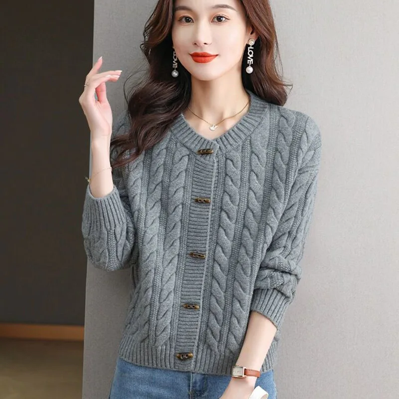 Women Clothing Vintage Elegant Knitted Cardigan Autumn Winter Chic Button Sweaters Fashion Loose O-neck Commute Tops