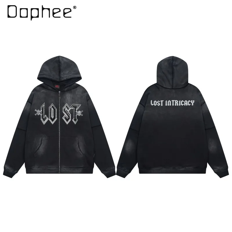 American High Street Fashion Washed Rhinestone Vintage Distress Hoodies Sweatpants Two-piece Set Men Clothing Trendy Pants Set
