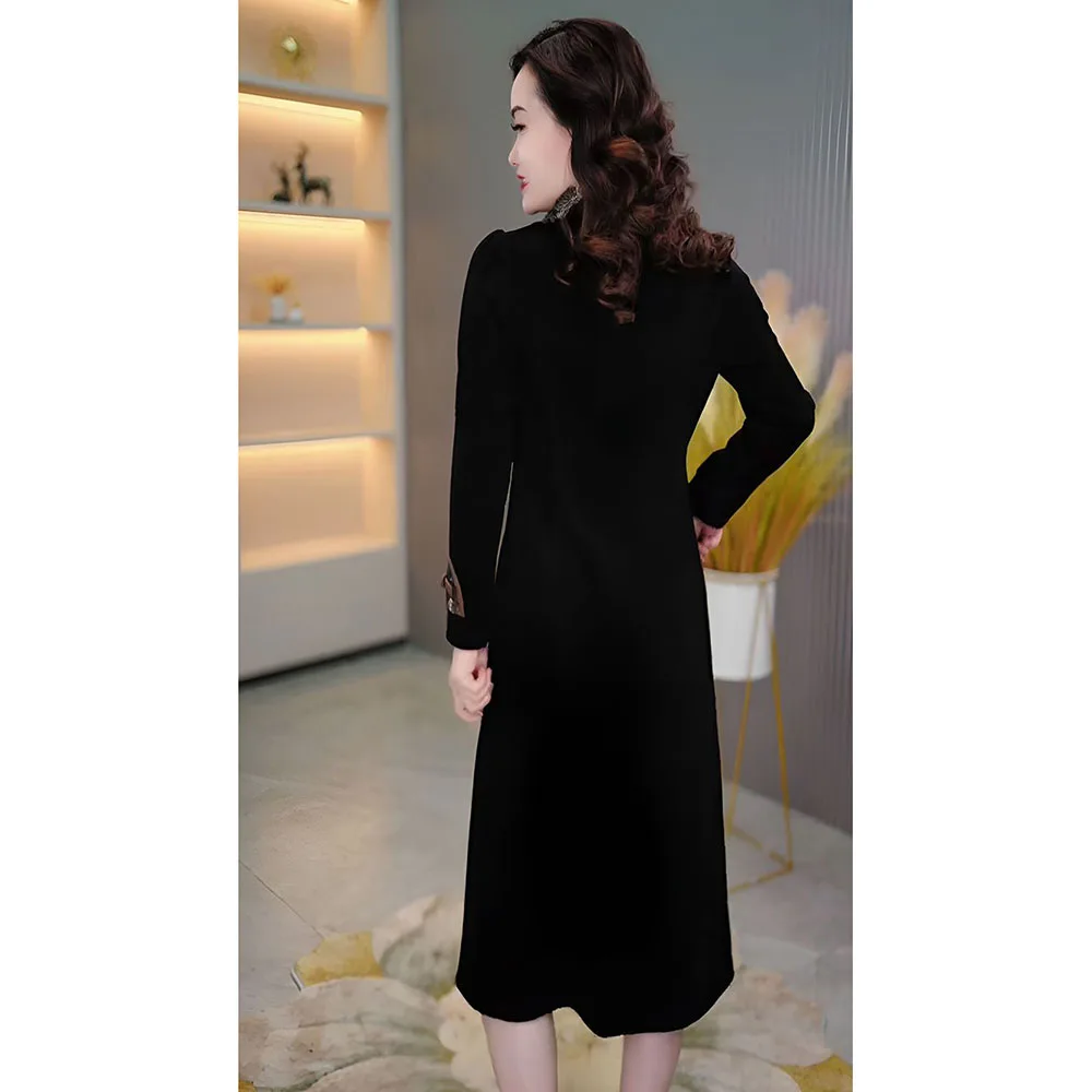 新しい中国のレトロな女性のドレス春秋の新しい高貴なゴールドベルベットプリントドレスビッグサイズ改良されたチャイナドレス黒 5XL