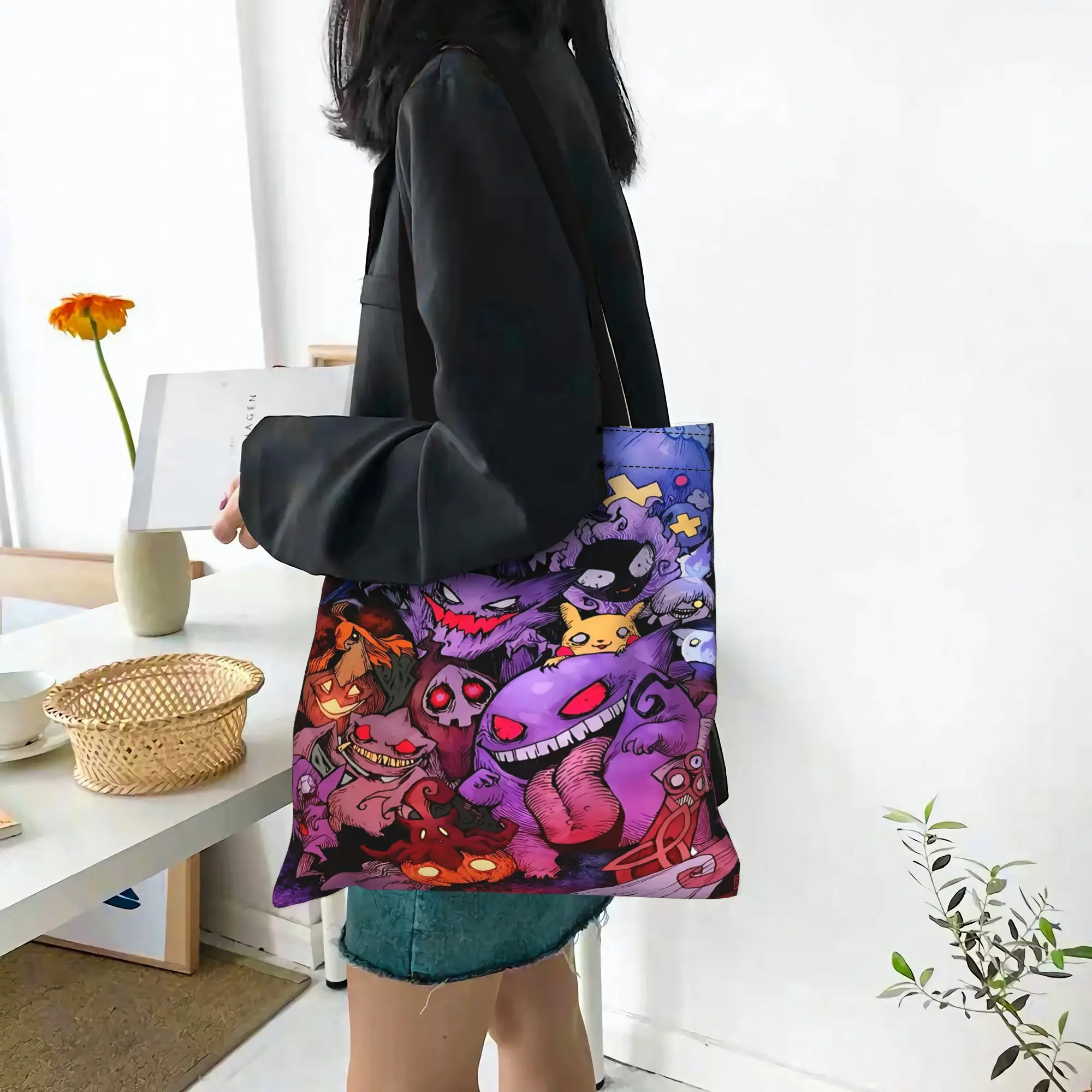 Customized Pokemon Gengar Women's Bag Shopping Bag Reusable Double Sided Canvas Tote Bag Shoulder  Handbag