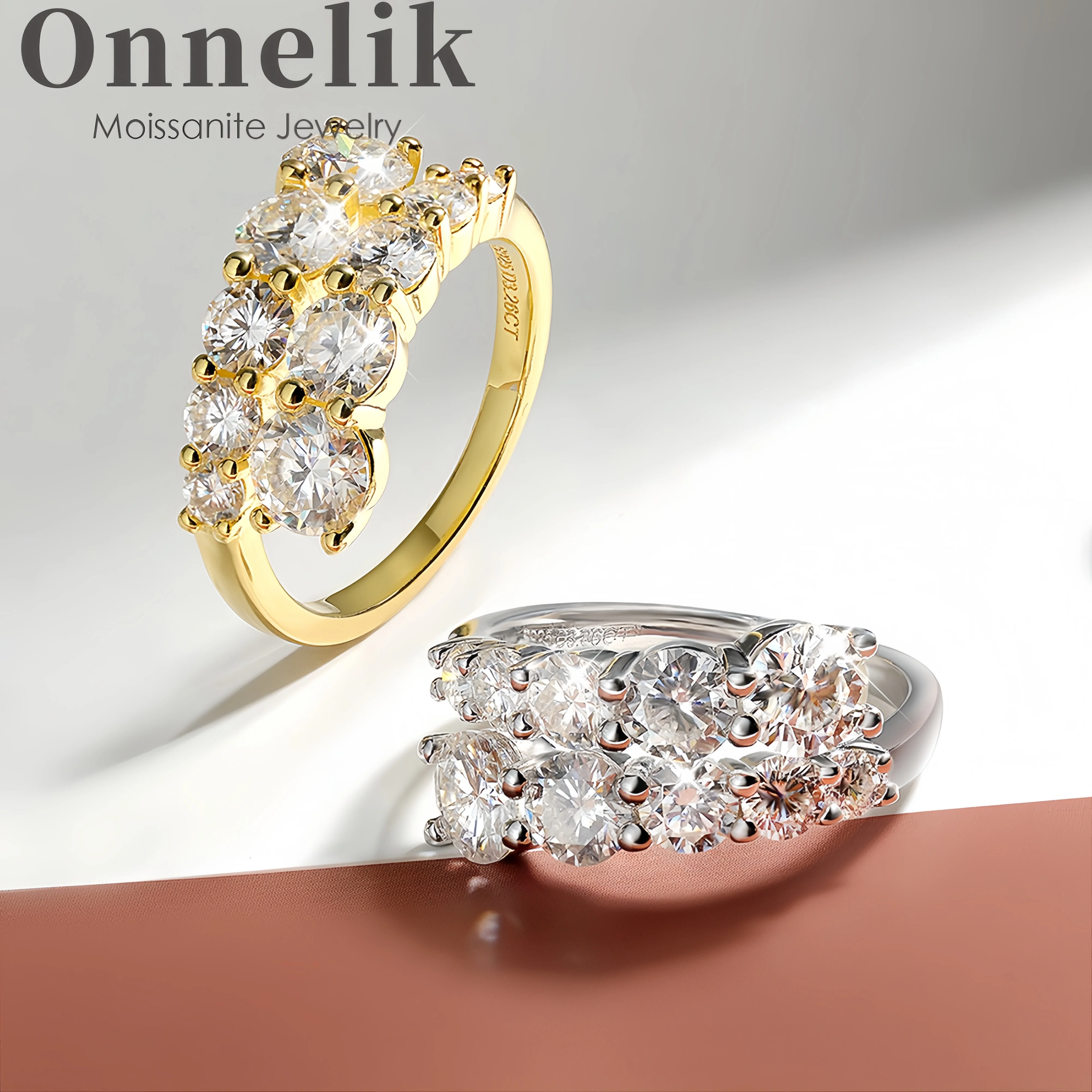 

Женские кольца Onnelik D VVS1 с муассанитом, сверкающие двухрядные кольца с 10-мя драгоценными камнями и бриллиантами, обручальное кольцо из стерлингового серебра S925, ювелирные изделия