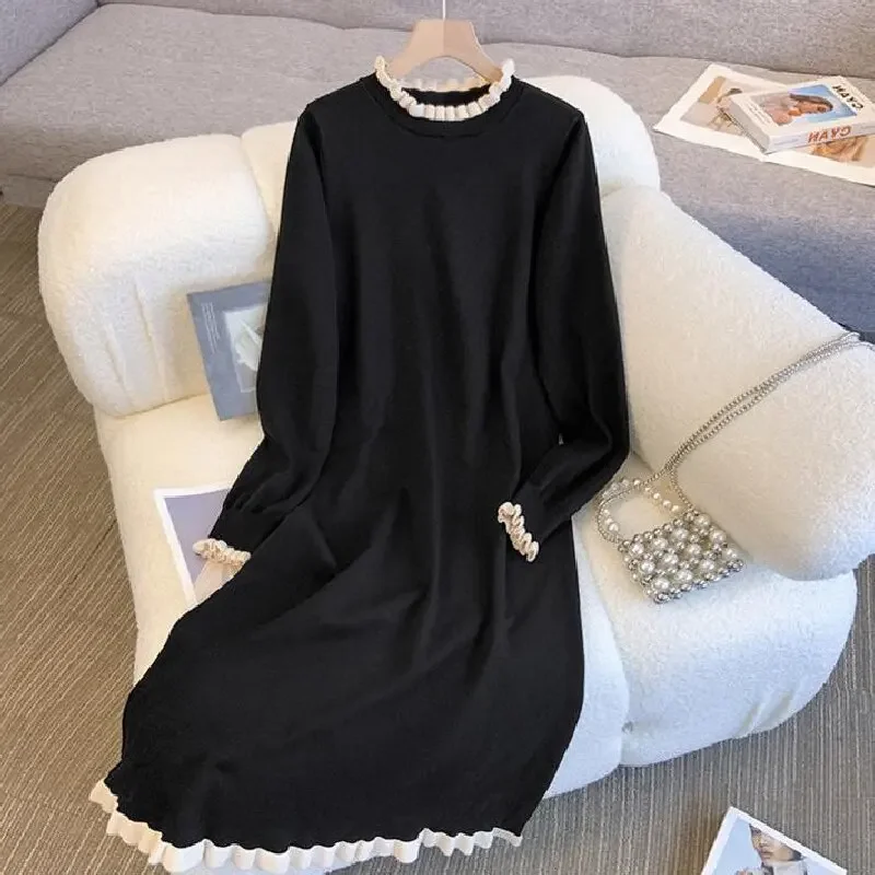 Large Size Long Sleeved Knitted Sweater Dress Women Autumn Winter Sweet Lace Spliced Long Dress Loose Stand Collar A-line Dress