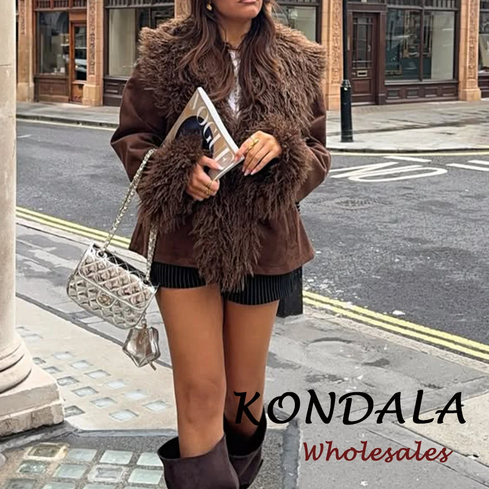 

KONDALA винтажная зимняя уличная одежда из искусственного меха, женские куртки, мода 2025 года, роскошные карманы, свободная шикарная женская верхняя одежда с длинными рукавами