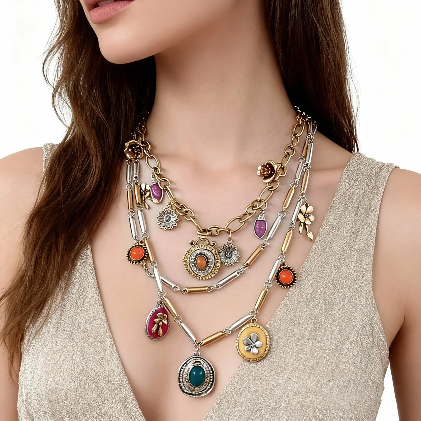 Retro new personality trend multi-layer stacking wearing bohemian environmental protection alloy geometric drip pendant necklace