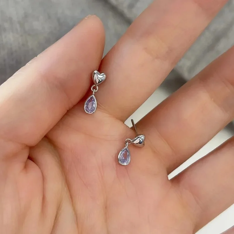 Mini Exquisite Sterling Silver Heart-shaped Purple Teardrop Zircon Tassel Stud Earrings for Women Korean Jewelry Accessory Gifts