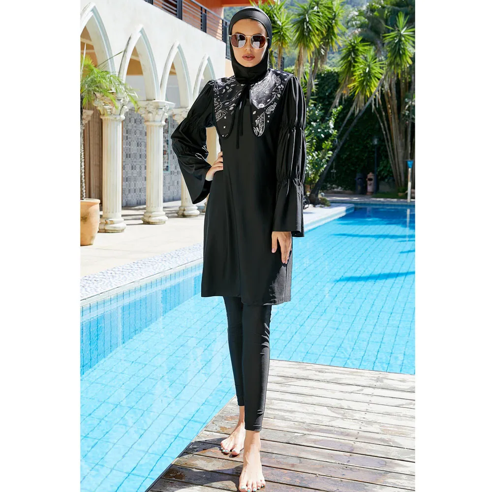 Islamic Muslim Women Long Sleeve Swimsuits Burkinis Modest Swimwear Bathing Swim Surfing Wear Full Cover Black 3 Pieces Suits