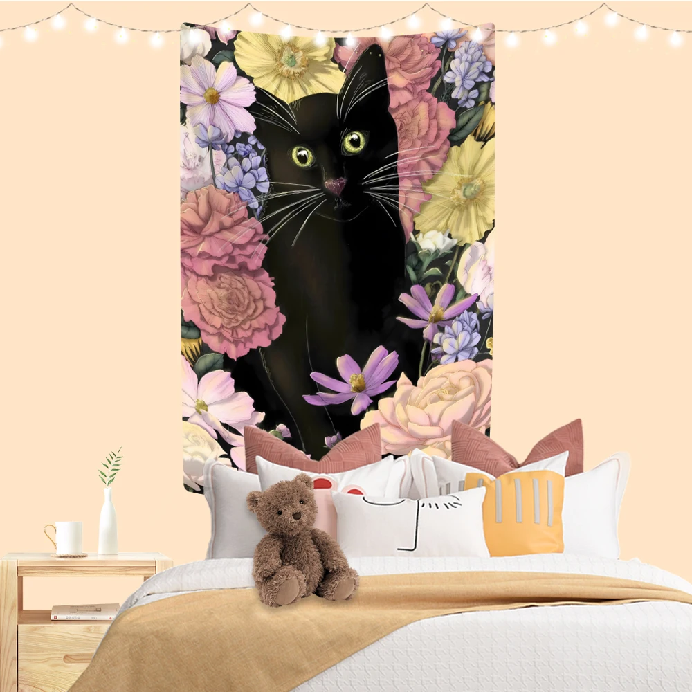 

XxDeco Cute Animal Tapestry Cartoon Cat And Flower Printed Kawaii Room Decoration Wall Hanging Dorm Background Sofa Blanket