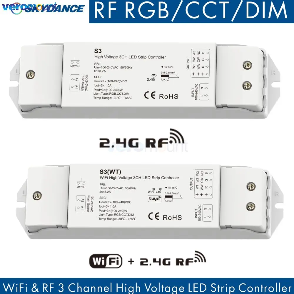 Skydance AC110V 220V 3CH*1A Tuya WiFi S3(WT) 2.4G RF S3 High Voltage Single Color Dual White RGB LED Strip Controller APP Voice