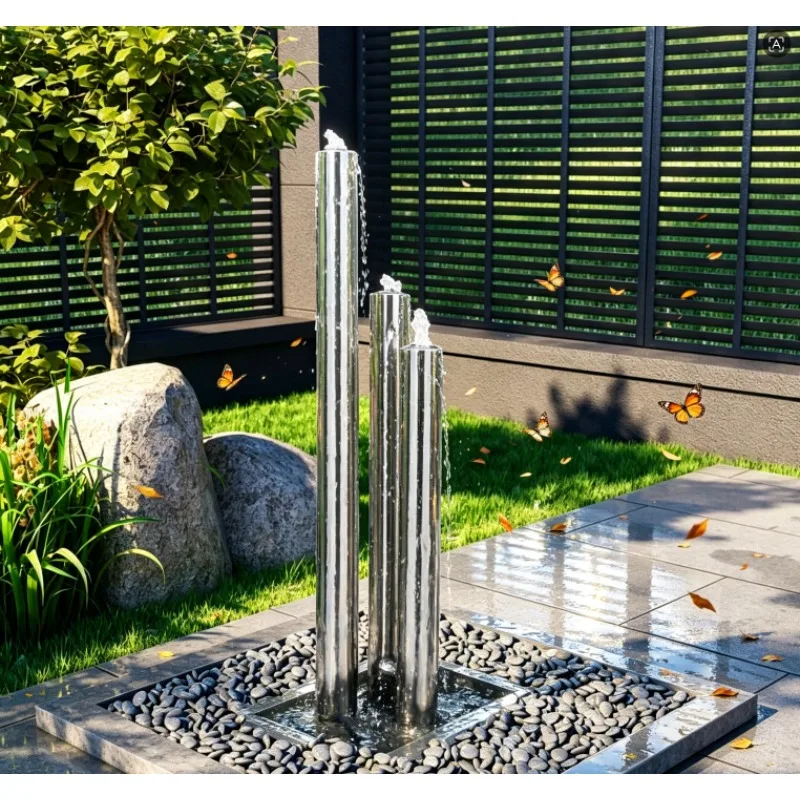 Edelstahl-Gartenbrunnen, Silberton, 48x34x123cm, Outdoor-Landschaftsdekoration, Lokale Lieferung