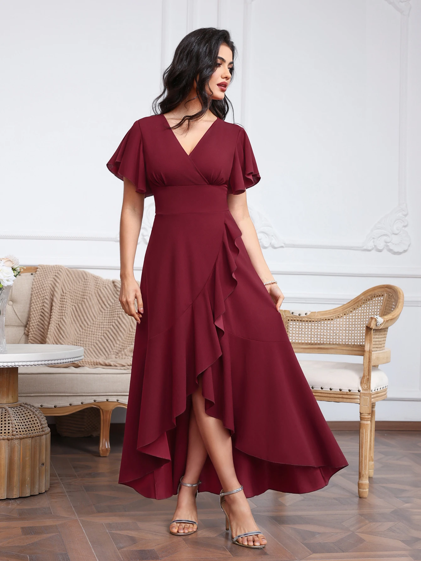 

BABYONLINE Вечерние платья для женщин, маленькое черное платье, элегантное платье с v-образным вырезом и рюшами, с разрезом, свадебные платья для гостей CPS3089