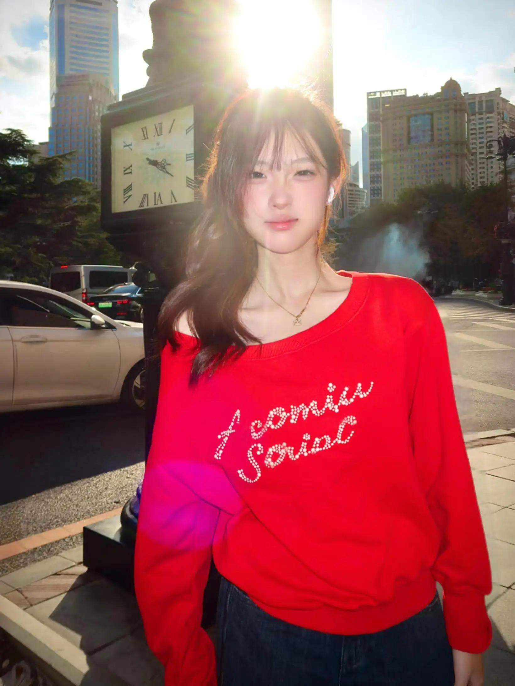 American Style Red Hot Girl Rhinestone Slope Shoulder Hoodie Women's Autumn Winter New Design Loose Long Sleeve Top