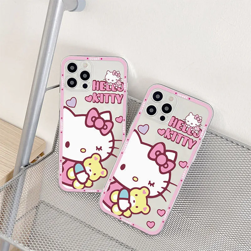 Sanrio Hello Kitty Embrace Bear Phone Case For iPhone 15 14 13 12 11 Pro Max XR XS MAX 78Plus MINI Y2K Girl Anti Fall Back Cover