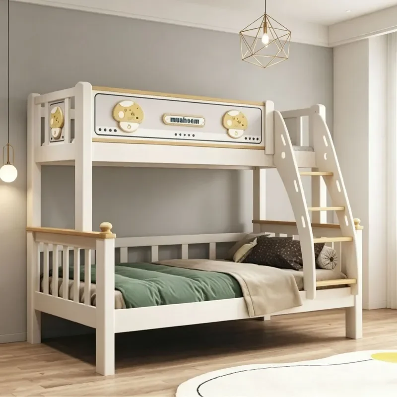 Mushroom Solid Wood Bunk Bed with Safety Ladder Guardrail Double Deck Mother Child Sleeping Furniture for Kids Room