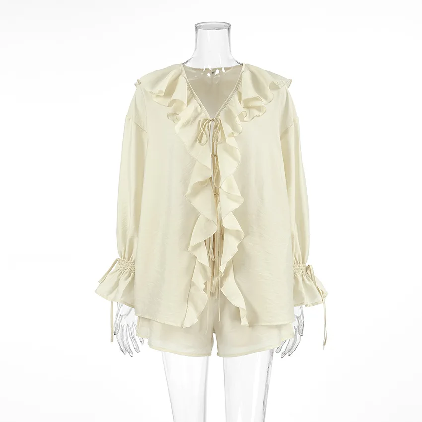Women's Beige Two-Piece Set 2025 Summer Boho Ruffled V-neck Blouse with Shorts Outfit Flare Sleeve Lotus Leaf Edge Shorts Suit