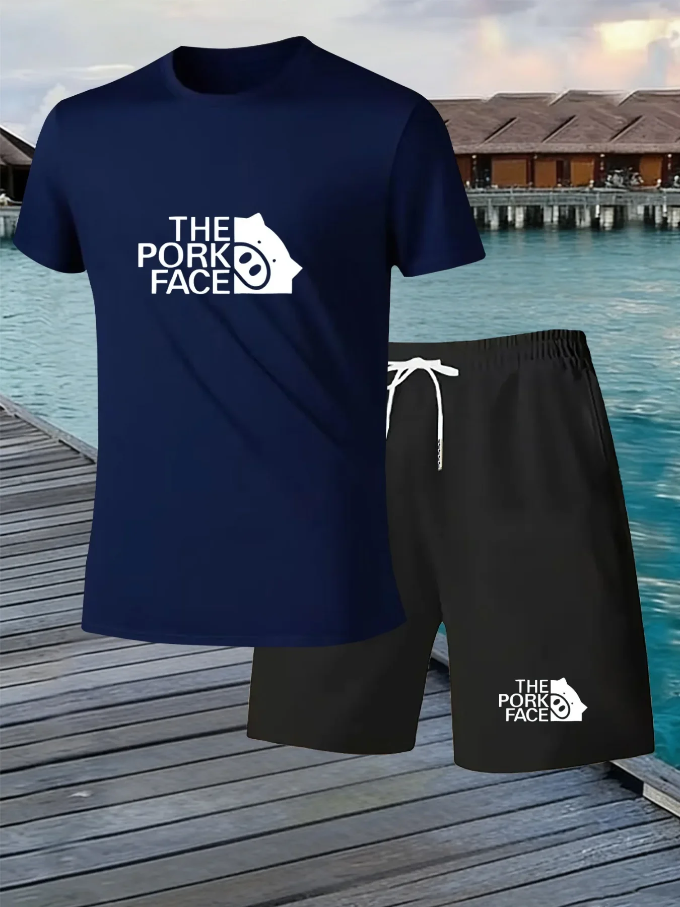 The Pork Face+Pig Head Print Suit Men'S New Summer Collection 2026 Short-Sleeved Top Set，Quick-Drying And Breathable shorts