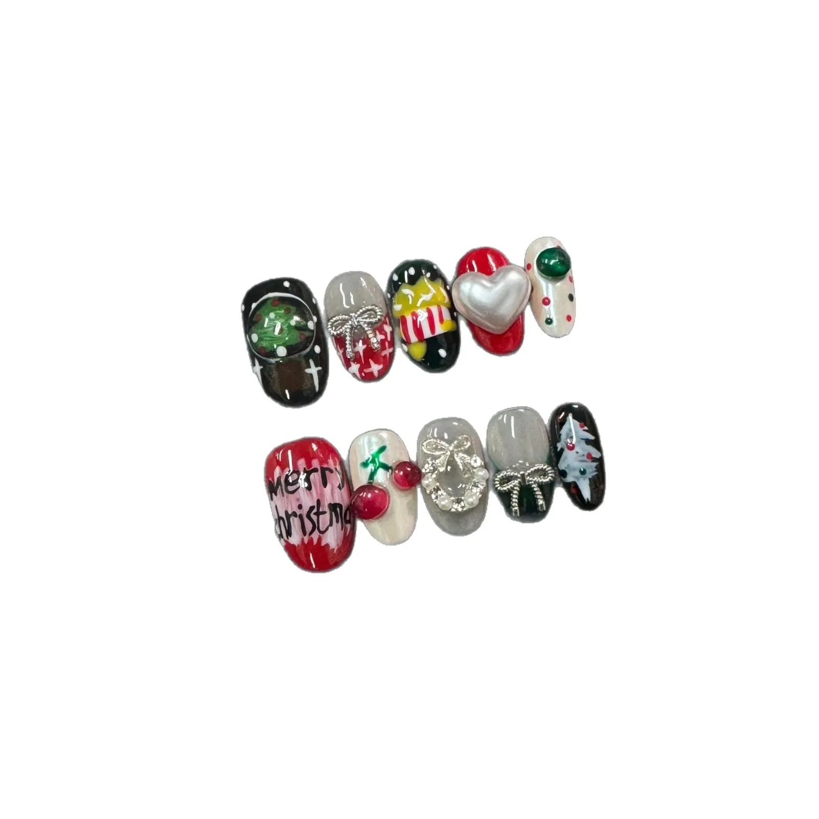 10 قطعة عيد الميلاد اليدوية الأظافر اللوز الكرز القوس تغطية كاملة مسمار تلميح الأحمر اضغط على مسمار للنساء والفتاة للإزالة يمكن ارتداؤها مسمار #4
