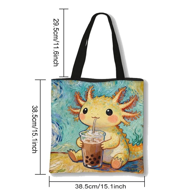 Oil Painting Animals Drinking Milk Tea Shoulder Bag Cat Dog Panda Sloth Handbags Large Capacity Totes Bag Grocery Shopper Bags