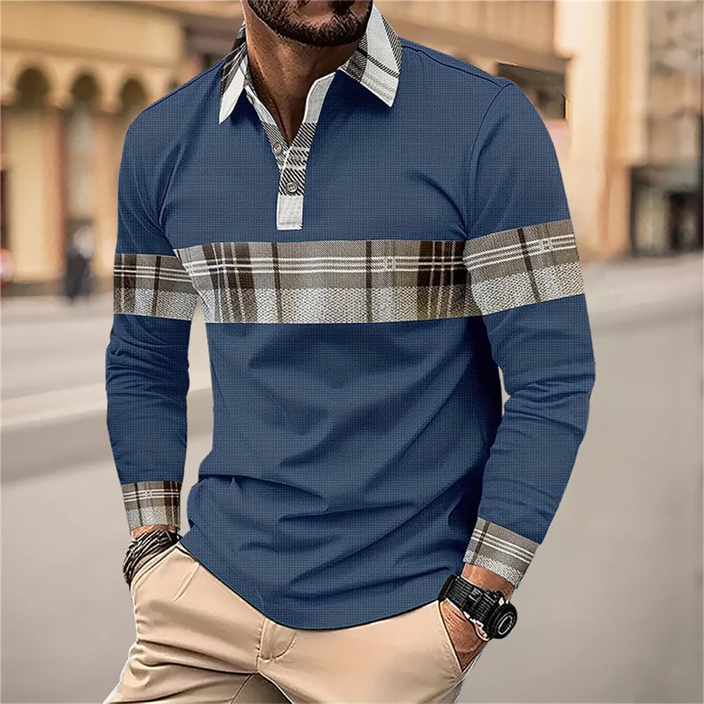 Fashion Flip Collar Office Polo Shirt Men's Breathable Leisure Long Sleeve Tops New Spring and Autumn Plaid Casual Mens Clothing