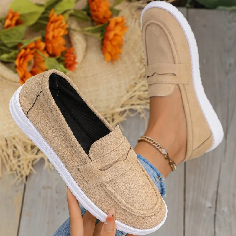 

Women's Large Size Slip-On Loafers Spring Autumn New England Style Retro Bean Shoes Comfortable round Toe Velvet Leather