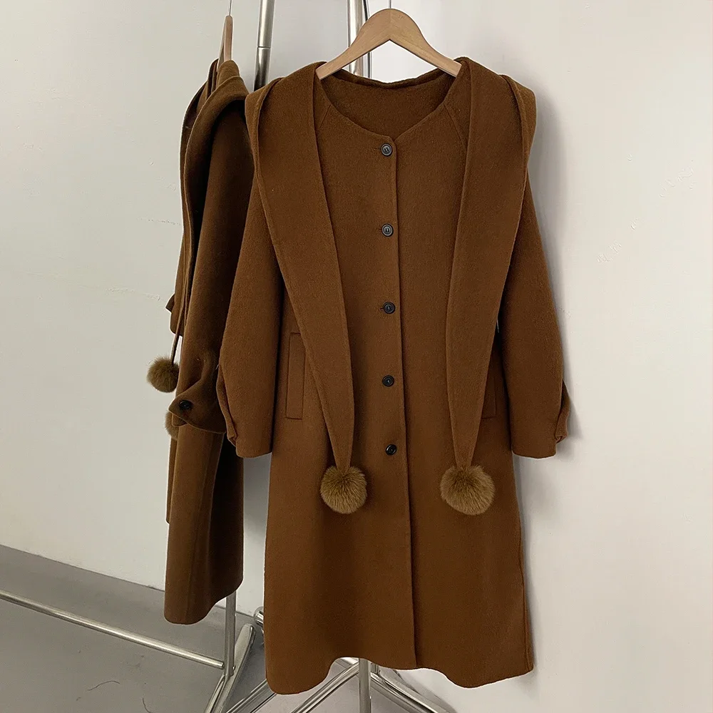 OFTBUY Langer, einreihiger, warmer, eleganter Wollmantel für Damen, Winter 2025, neuer Damen-Wollmantel mit Kapuze und Pelzbommel-Details. – Detail 10