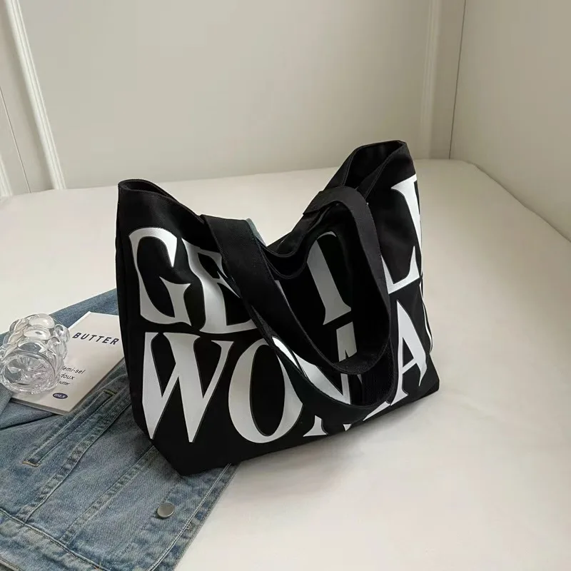 Women Letter Print Canvas Tote Bag Large Capacity Shoulder Handbag, Casual Shopping Bag for School Work Commute Dai