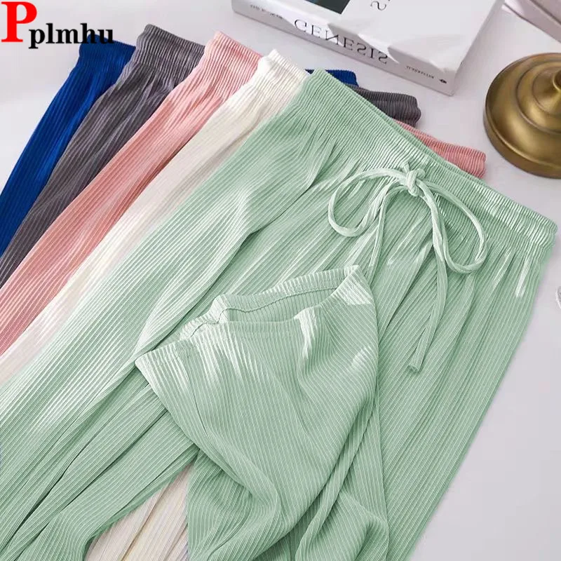 

Lace-up Ice Silk Ankle-length Straight Pants High Elastic Waist Wide Leg Strecth Casual Pantalones Korea Women Summer spodnie