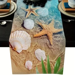 Starfish Shells Printed Pattern Linen Table Runners Dresser Scarf Table Decor Holiday Wedding Party Kitchen Dining Table Decor