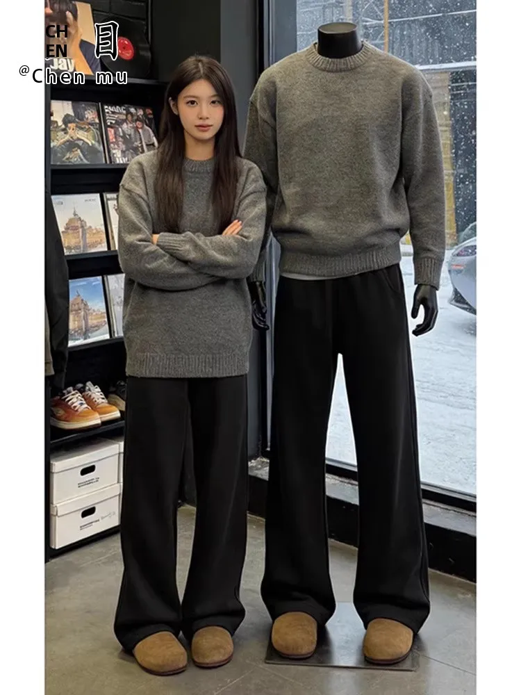 

Корейский стиль: утепленный свитер с круглым вырезом и спортивные брюки для мужчин, зимний комплект для баскетбола, фитнеса и повседневной носки.