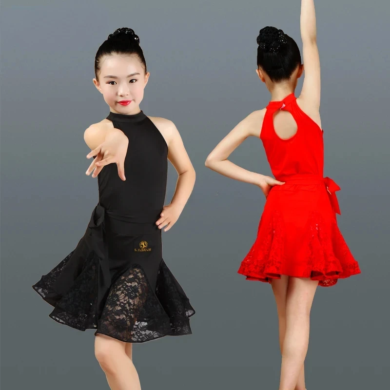 New Child Lace Latin Dance Dress For Girls Salsa Tango Ballroom Dancing Dress Competition Costume Kids Practice Dance Clothes