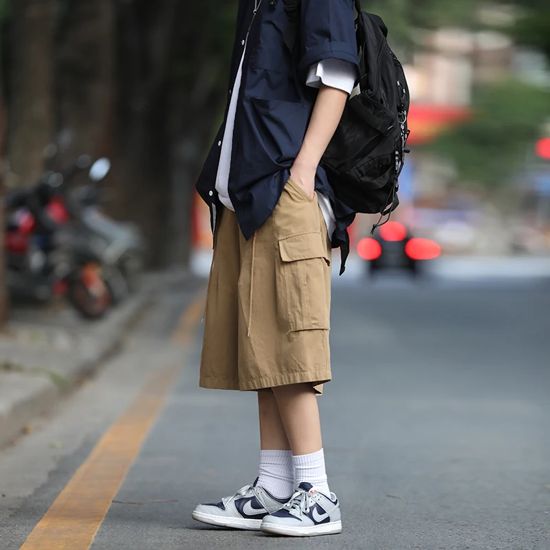 

Retro Japanese Sle Workwear orts Wide Leg ket Men Women Trendy Five-Quarter Dstring ex Cotton Casual Pants