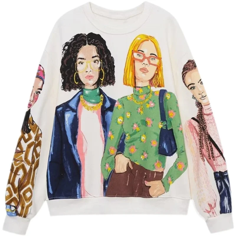 Autumn Winter New Women's Long Sleeve Printed Sweatshirt Girls round Neck Cotton Inner Cartoon Animation Design Regular Fit