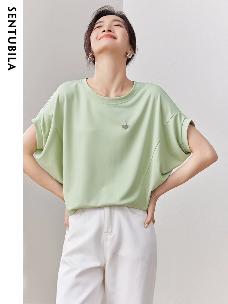 SENTUBILA Women\'s Solid Bat Sleeve T-shirt 2024 Summer New Casual Loose Round Neck Office Lady Temperament Simple Top 132T49545