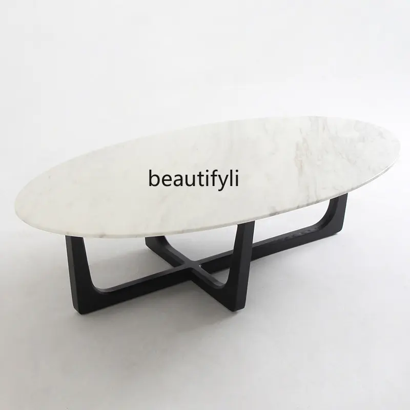 

Simple Modern Living Room Light Luxury Coffee Table Oval White Natural Marble Coffee Table Pewter Solid Wood Tripod furniture