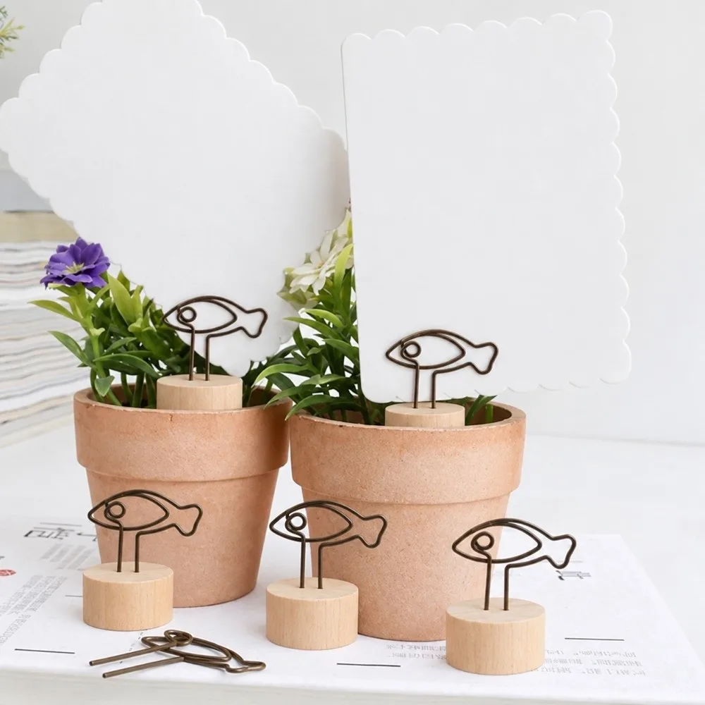 10PCS Wood Round Wood Clip Metal Clip Round Fish Shape Desktop Note Holder Solid Base Antique Tone Message Stand Office Desktop
